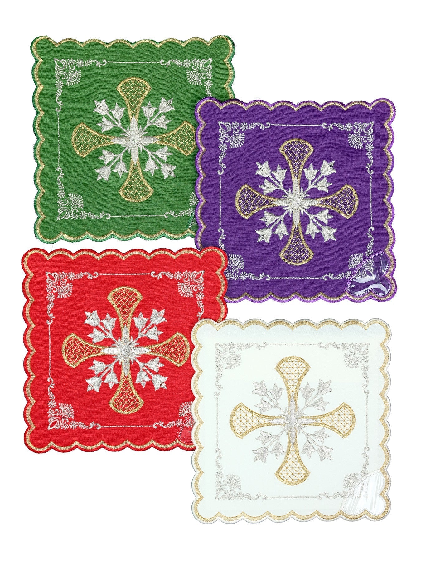 Conjunto de palias de cáliz con símbolo de la cruz en cuatro colores litúrgicos KPA4/172 18*18 - CASULLAS.ES