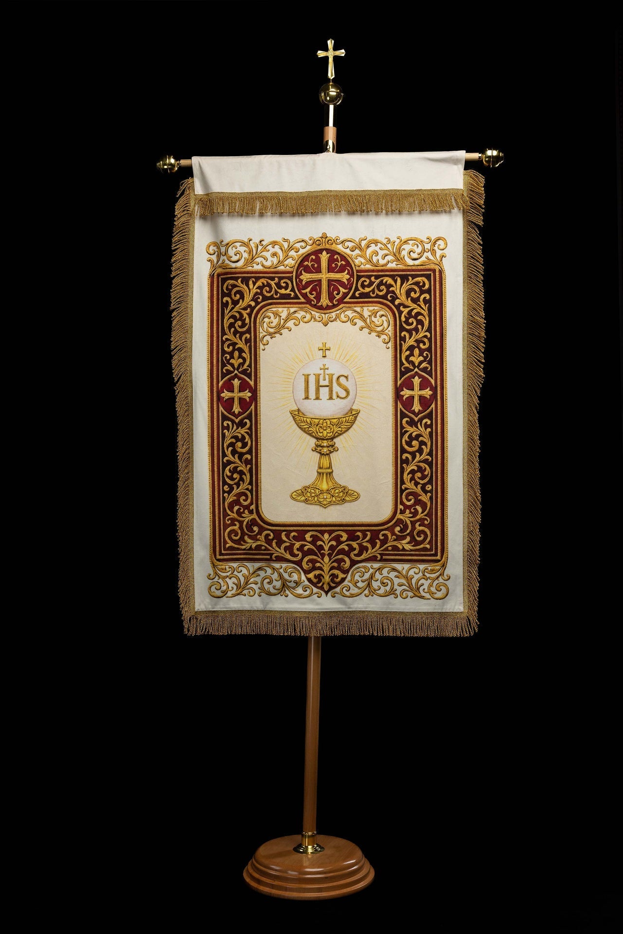 Estandarte litúrgico impreso por ambas caras con el Sagrado Corazón de Jesús y el Cáliz con IHS CHD/002/09-05/109 80*130 - CASULLAS.ES
