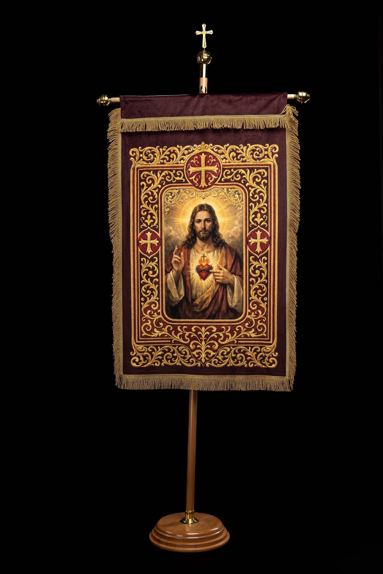 Estandarte litúrgico impreso por ambas caras con el Sagrado Corazón de Jesús y el Cáliz con IHS CHD/002/09-05/109 80*130 - CASULLAS.ES