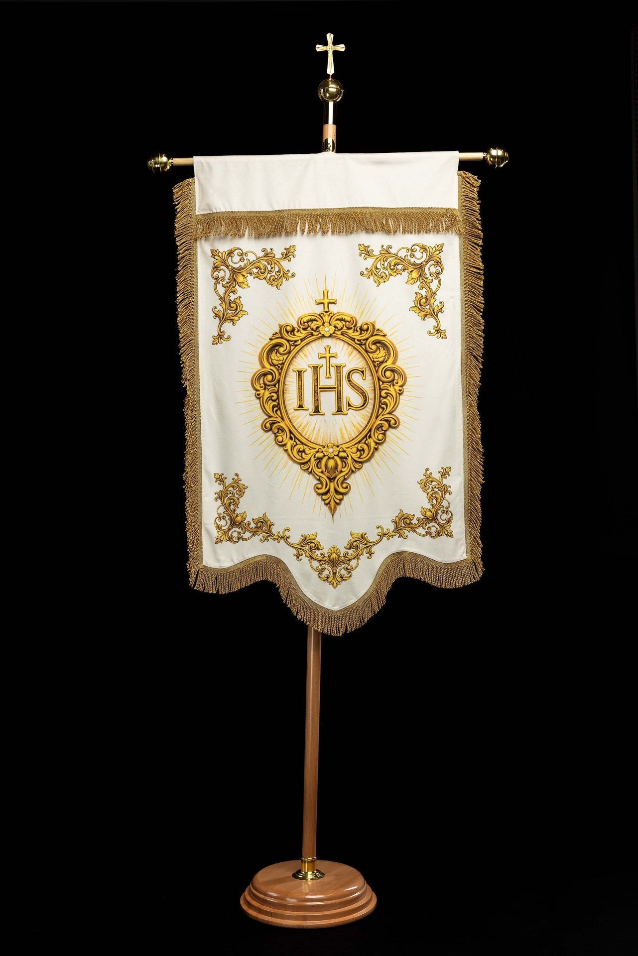Estandarte litúrgico impreso por ambas caras con el Sagrado Corazón de Jesús y el Cristograma IHS CHD/001/05/109 80*130 - CASULLAS.ES