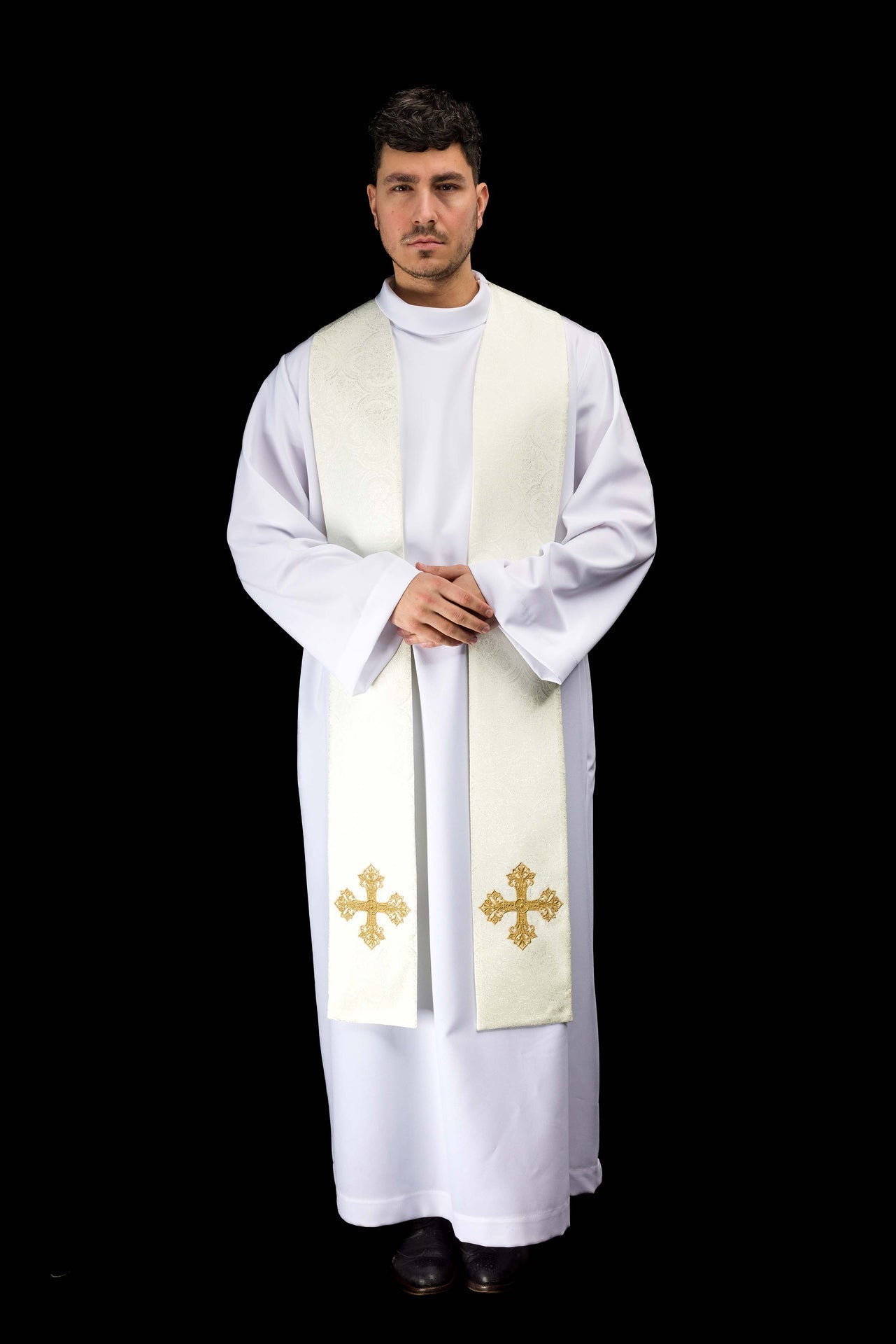 Estola bordada con motivo de cruz tejido jacquard color ecru KST/967/05/11 - CASULLAS.ES