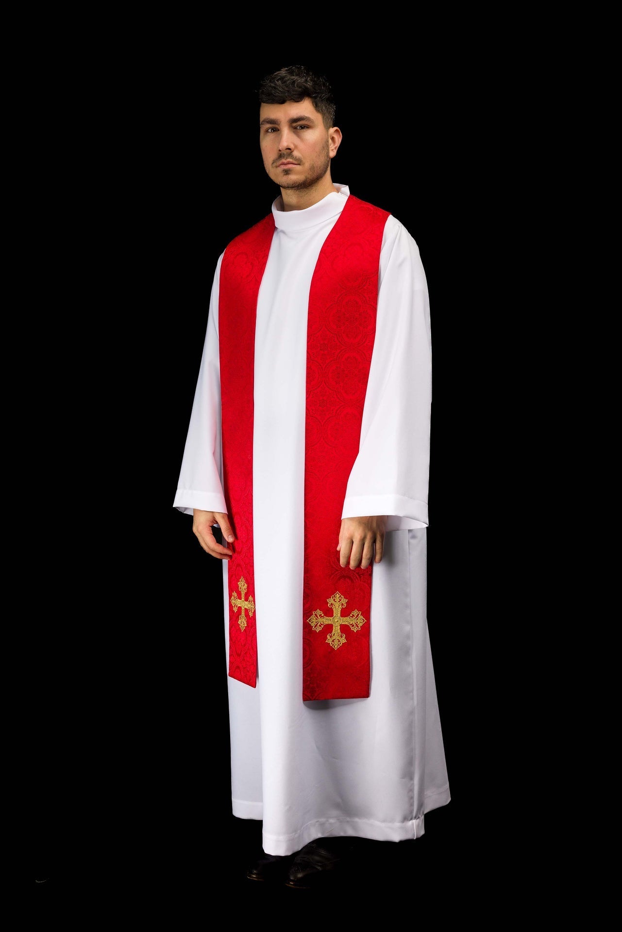 Estola bordada con motivo de cruz tejido jacquard rojo KST/967/02/11 - CASULLAS.ES