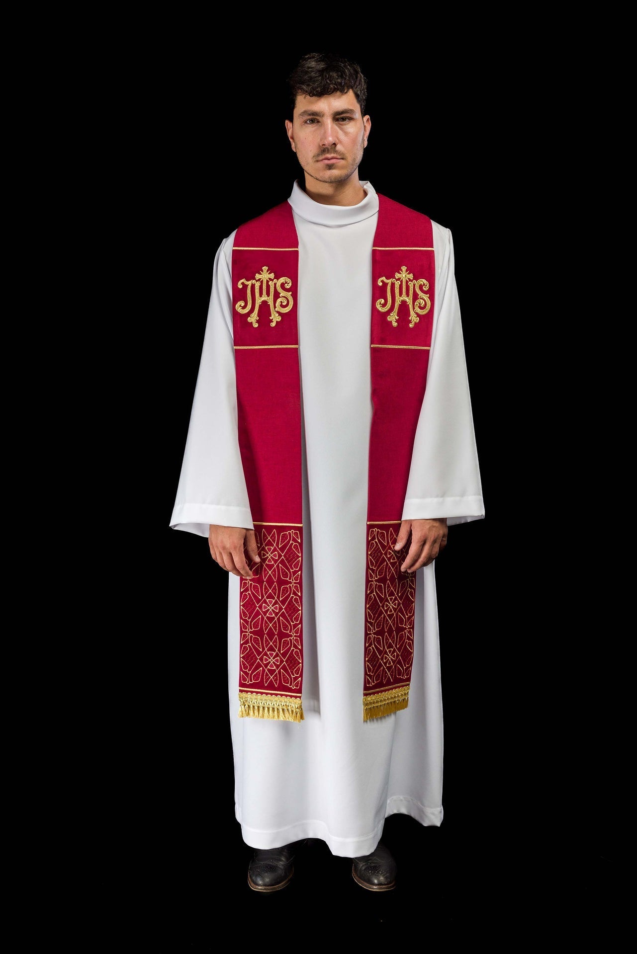 Estola de terciopelo roja bordada con motivo IHS S-2055-02-70 - CASULLAS.ES