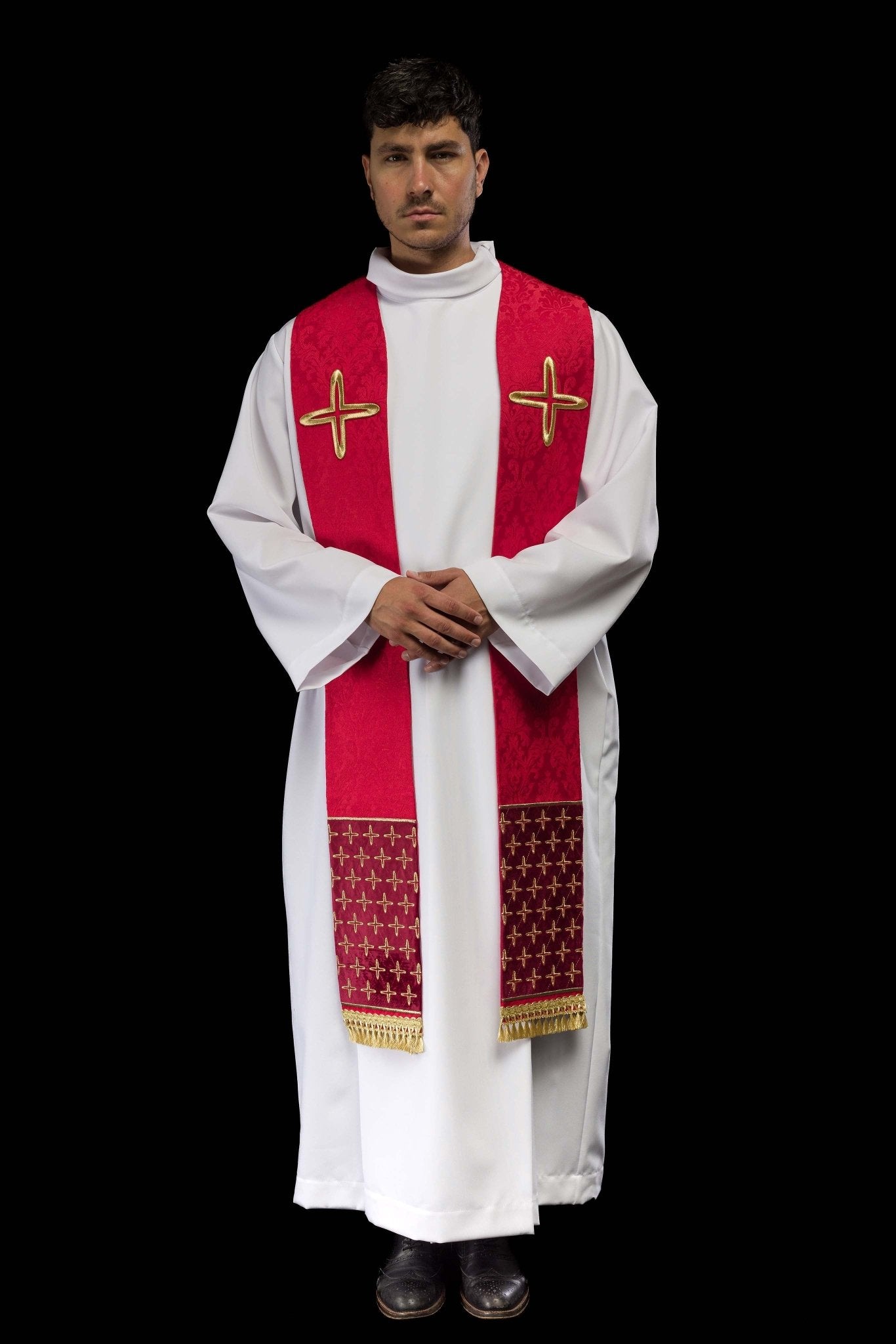 Estola jacquard bordada con motivos de cruces rojo S-2054-02-67 - CASULLAS.ES