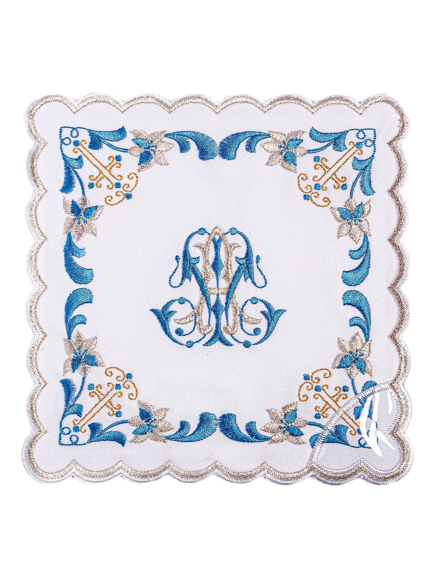 Juego de altar con bordado Mariano y ribete azul KK/092 - CASULLAS.ES