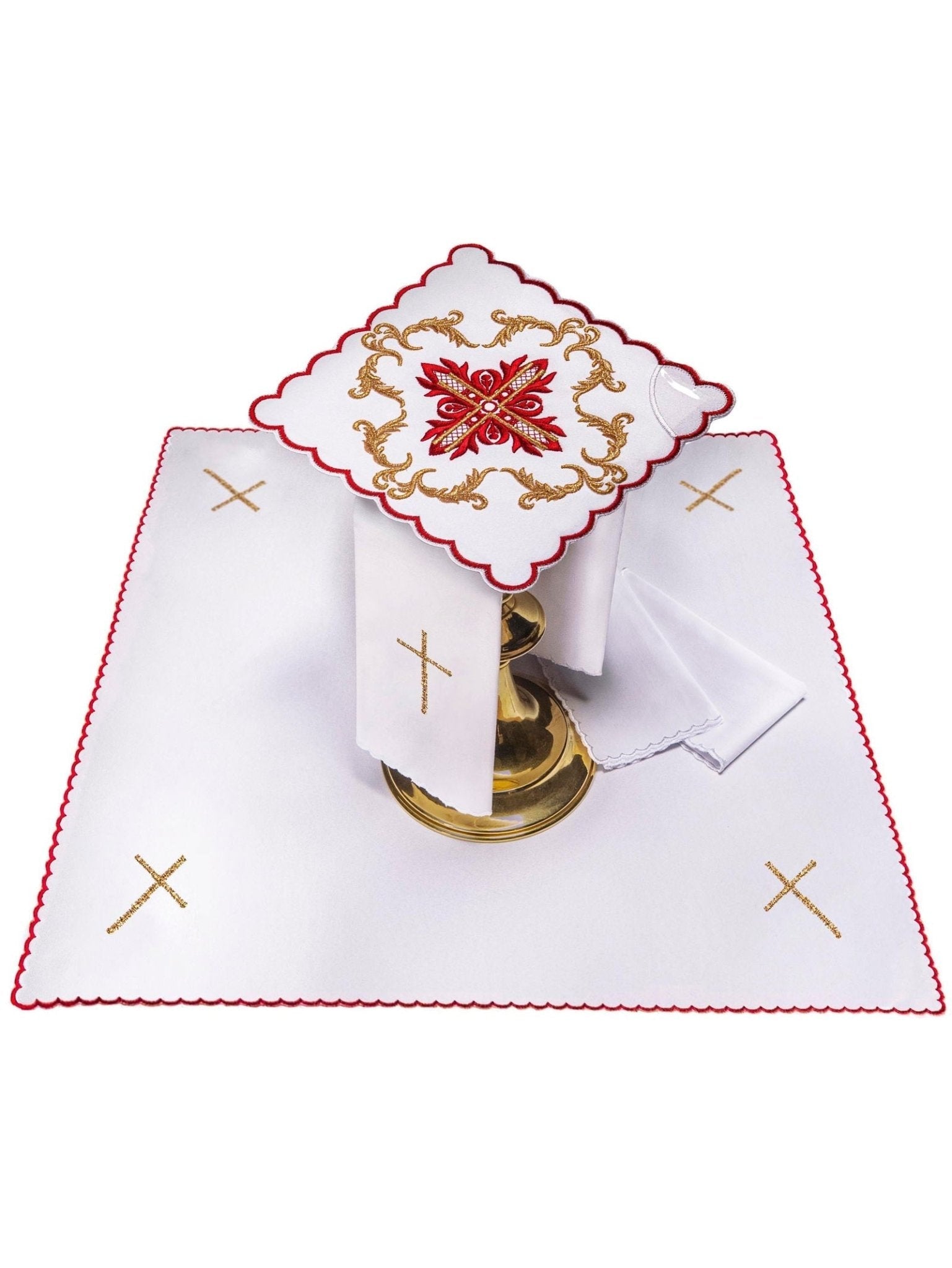 Juego de altar con bordado rojo y motivo de cruz KK/159/04 BIAŁY - CASULLAS.ES