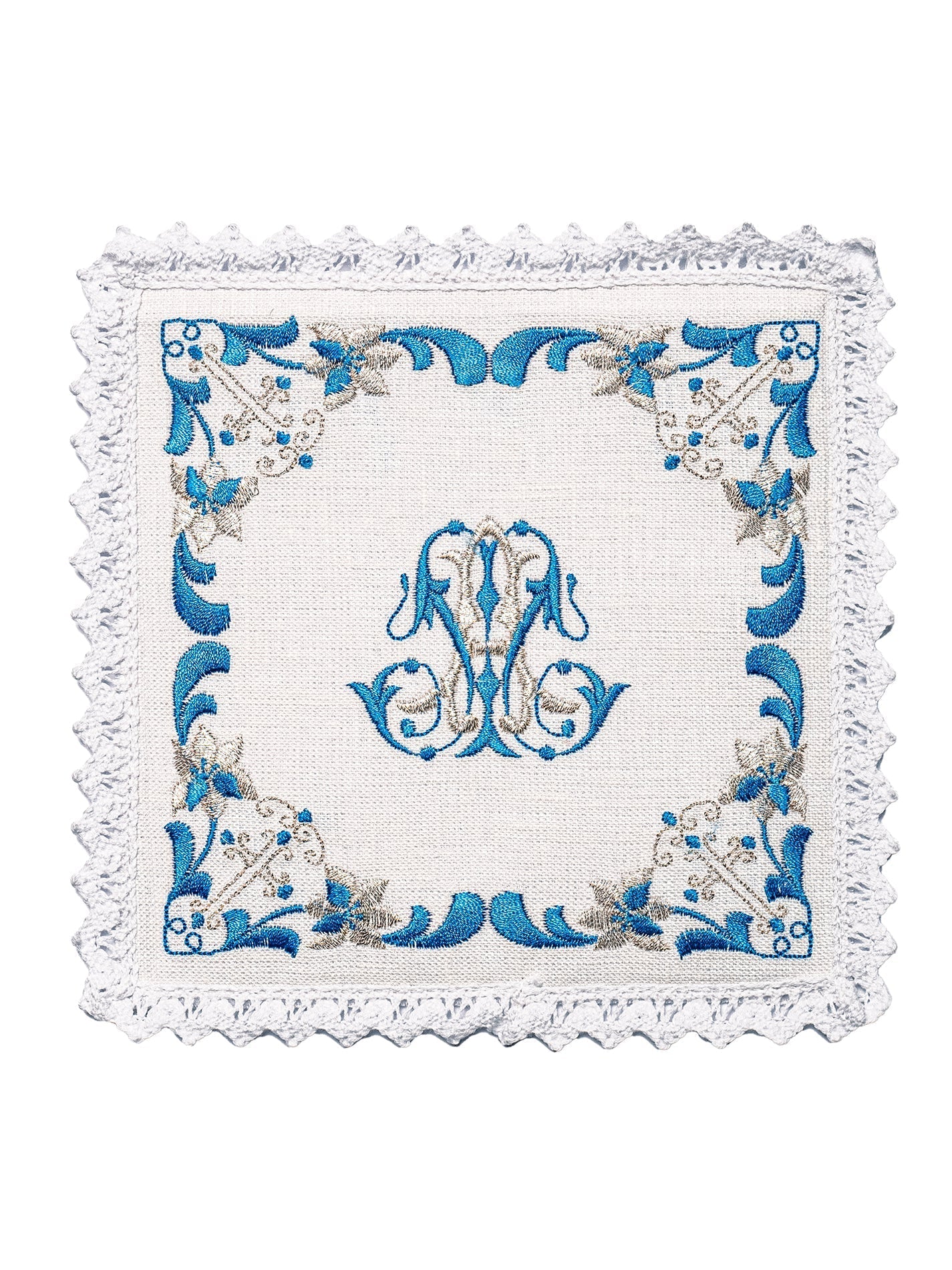 Juego de altar lino con bordado Mariano azul KKL/092 - CASULLAS.ES