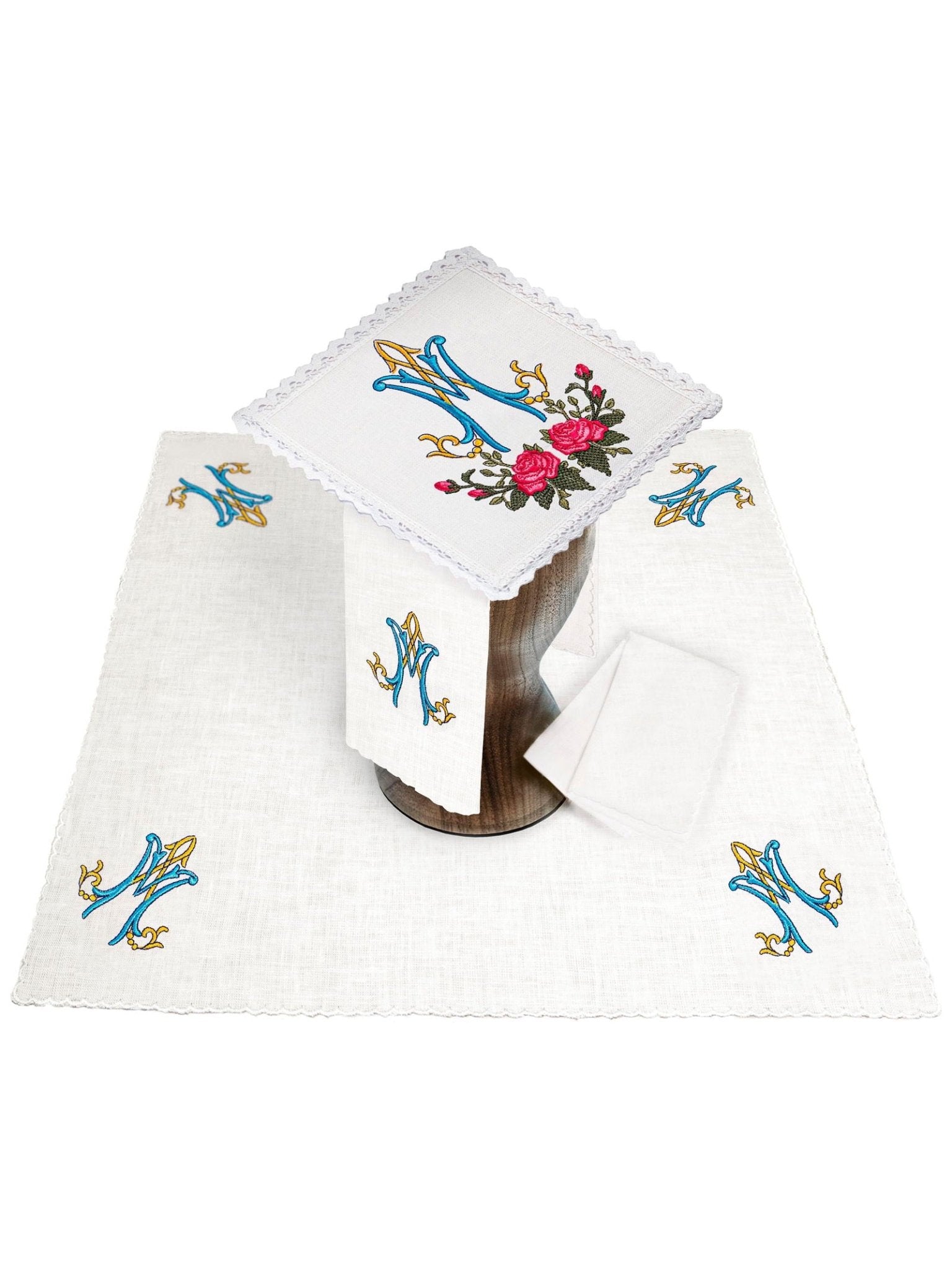 Juego de altar lino con bordado Mariano colorido KKL/078 - CASULLAS.ES