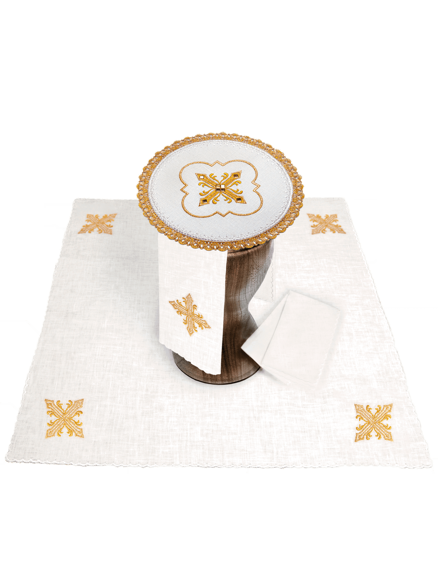 Juego de altar lino ricamente bordado con piedras, palia redonda LE/5004 - CASULLAS.ES