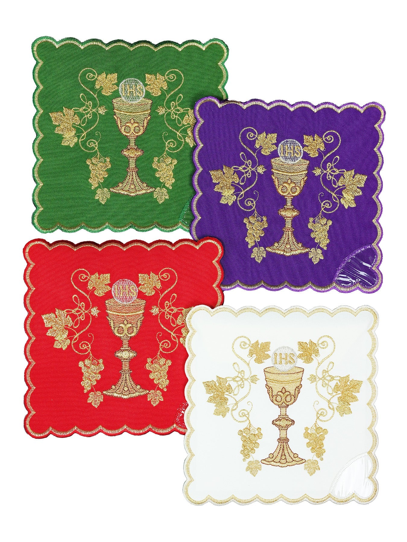 Conjunto de palias de cáliz con símbolo del cáliz en cuatro colores litúrgicos