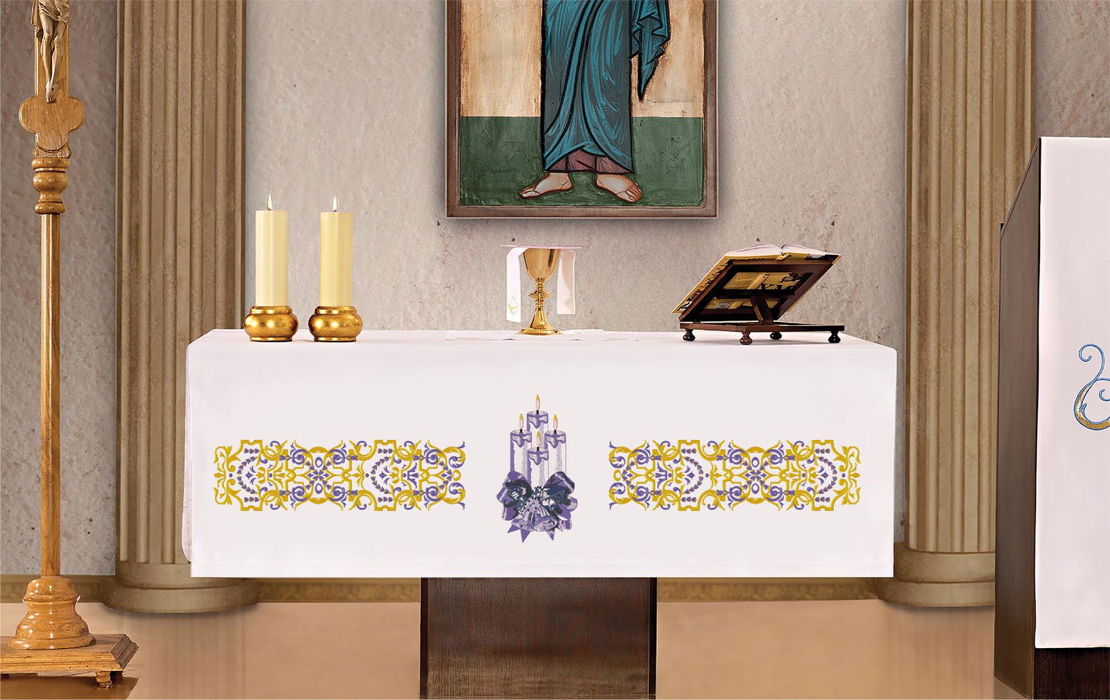 Mantel de altar bordado frontal Velas de adviento KOH/042 150*300 - CASULLAS.ES