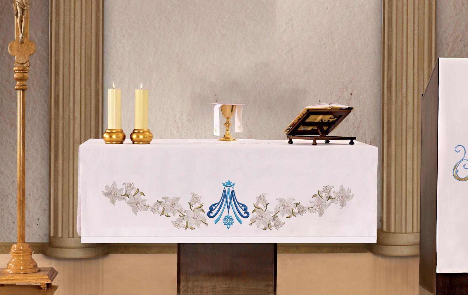 Mantel de altar con bordado frontal azul mariano en motivo KOH/003 150*300 BIAŁY - CASULLAS.ES