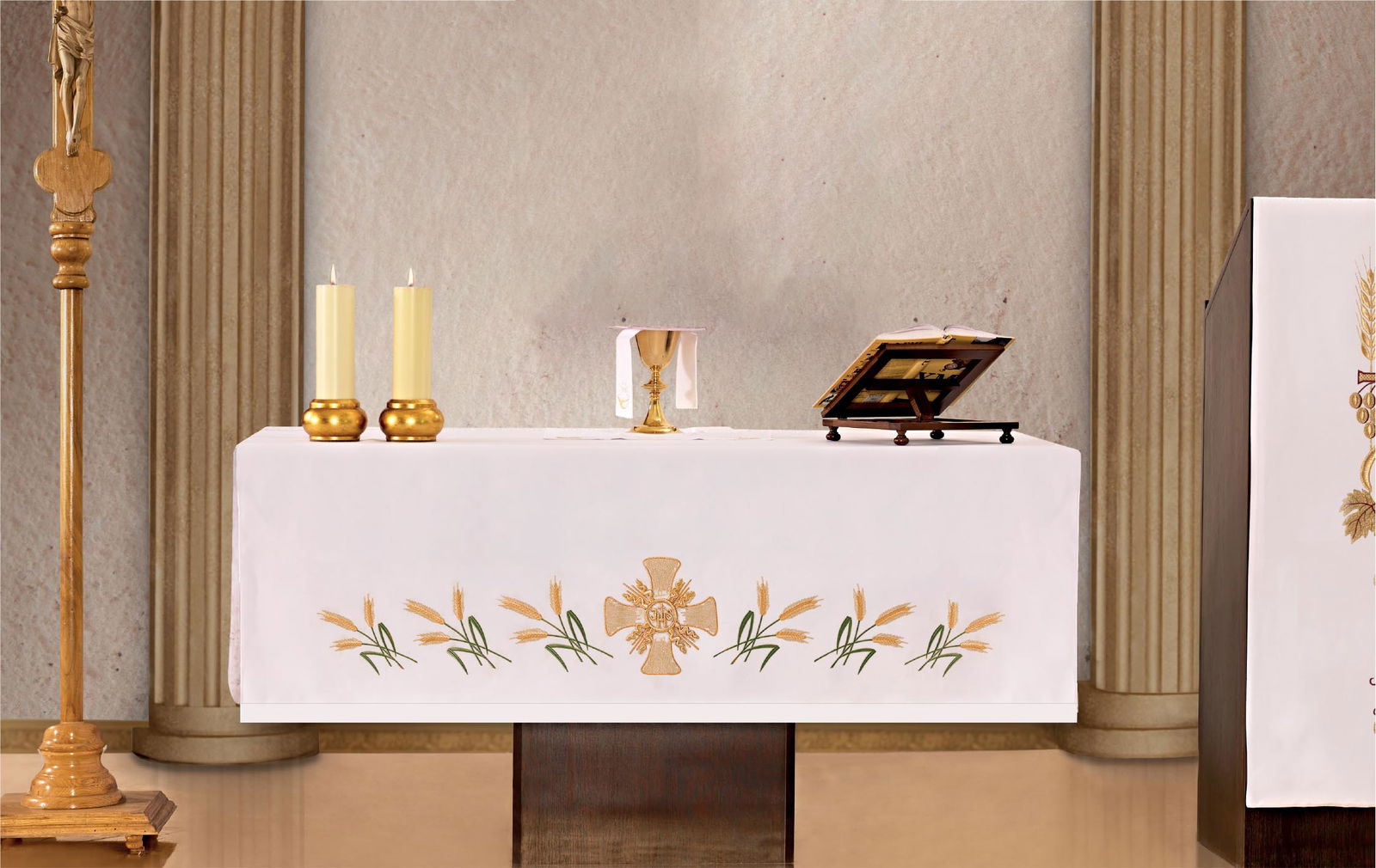 Mantel de altar con bordado frontal de cruz y espigas KOH/016 150*300 BIAŁY - CASULLAS.ES