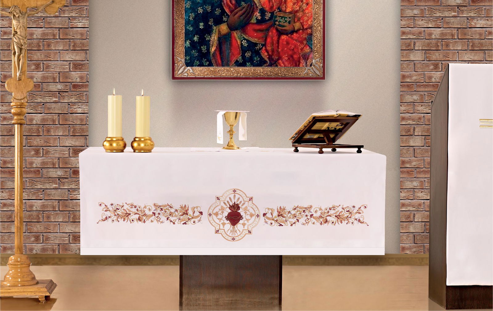 Mantel de altar con bordado frontal en motivo del Sagrado Corazón KOH/027 150*300 BIAŁY - CASULLAS.ES