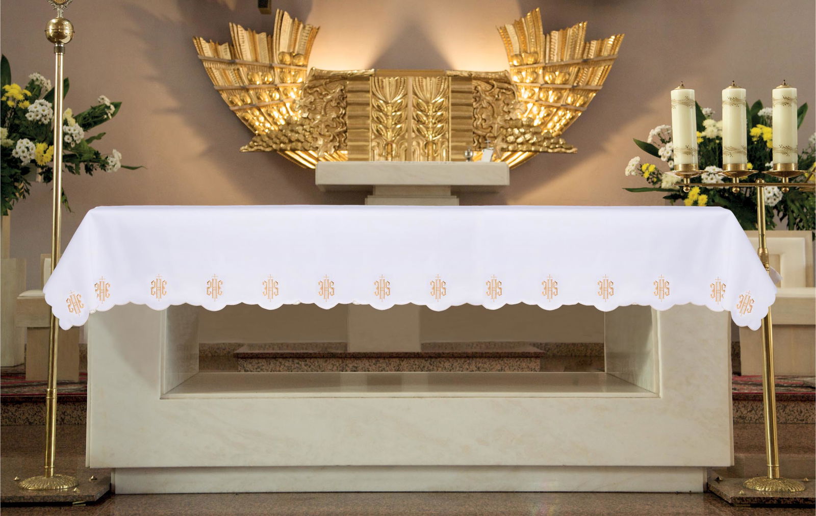 Mantel de altar con bordado frontal en motivo IHS KOO/090 150*300 BIAŁY (obszywany) - CASULLAS.ES