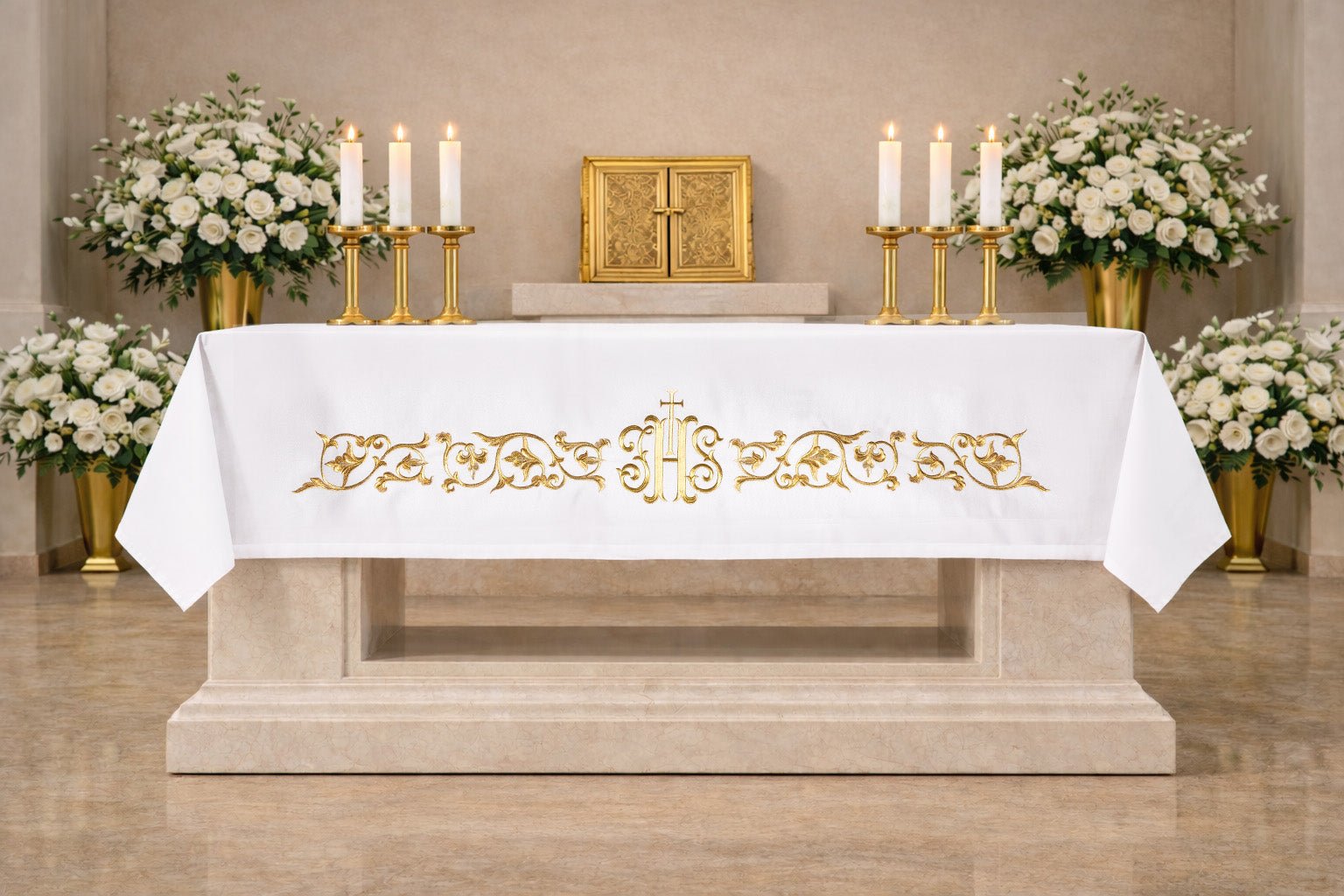 Mantel de altar con símbolo IHS bordado S-8859-04 150*300 - CASULLAS.ES