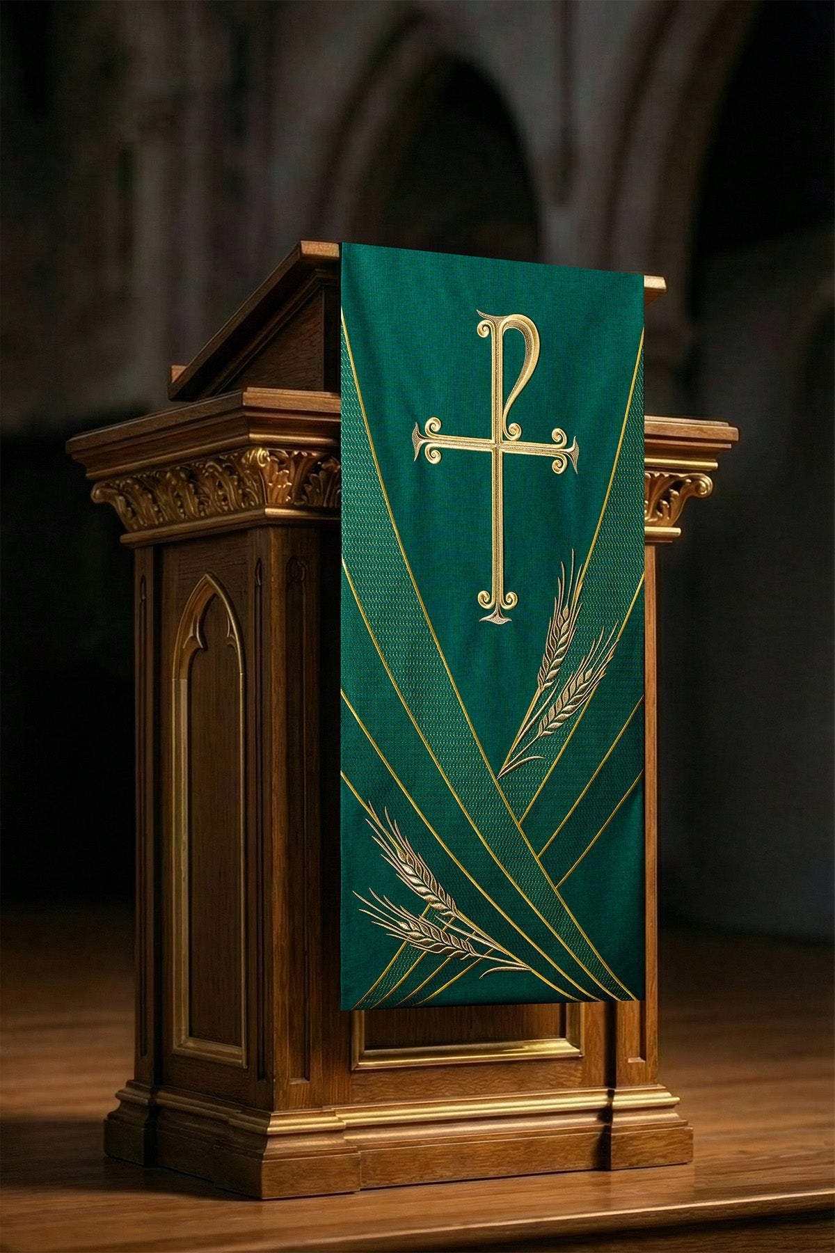 Mantel para ambón con bordado PAX en color verde LE/8050/01 55*250 - CASULLAS.ES
