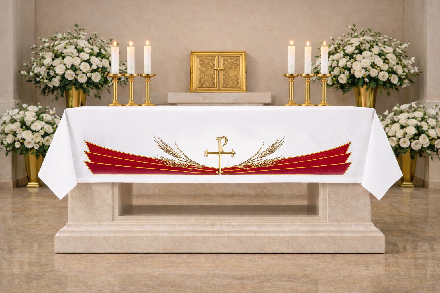 Mantel de altar con símbolo PAX bordado