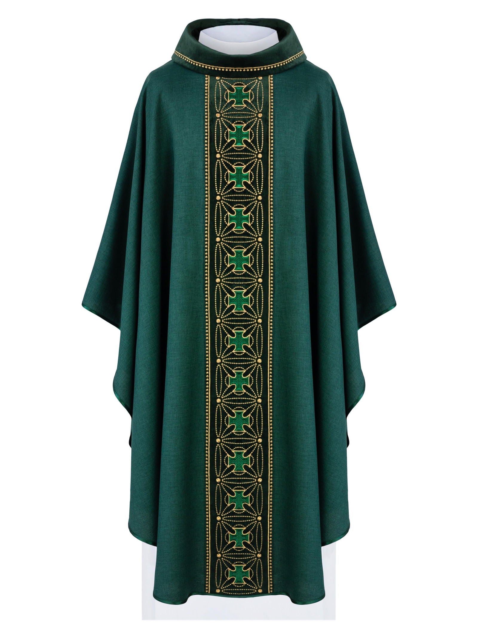 Ornat liturgiczny z bogato zdobionym pasem w krzyże w kolorze zielonym - ORNATY.PL