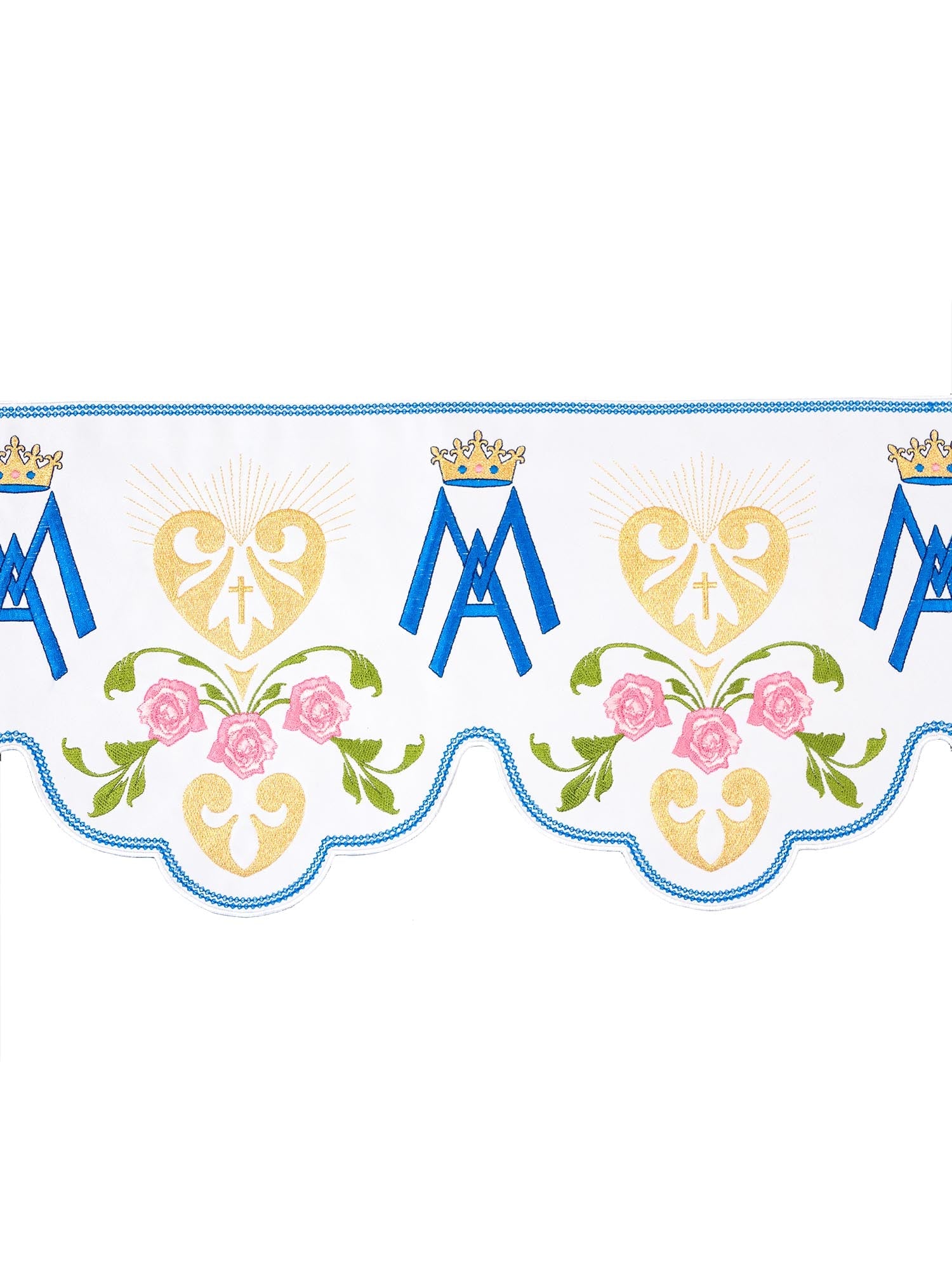 Puntilla de altar con bordado Mariano con flores - blanco KOM/046/04 17cm 3,5m - CASULLAS.ES