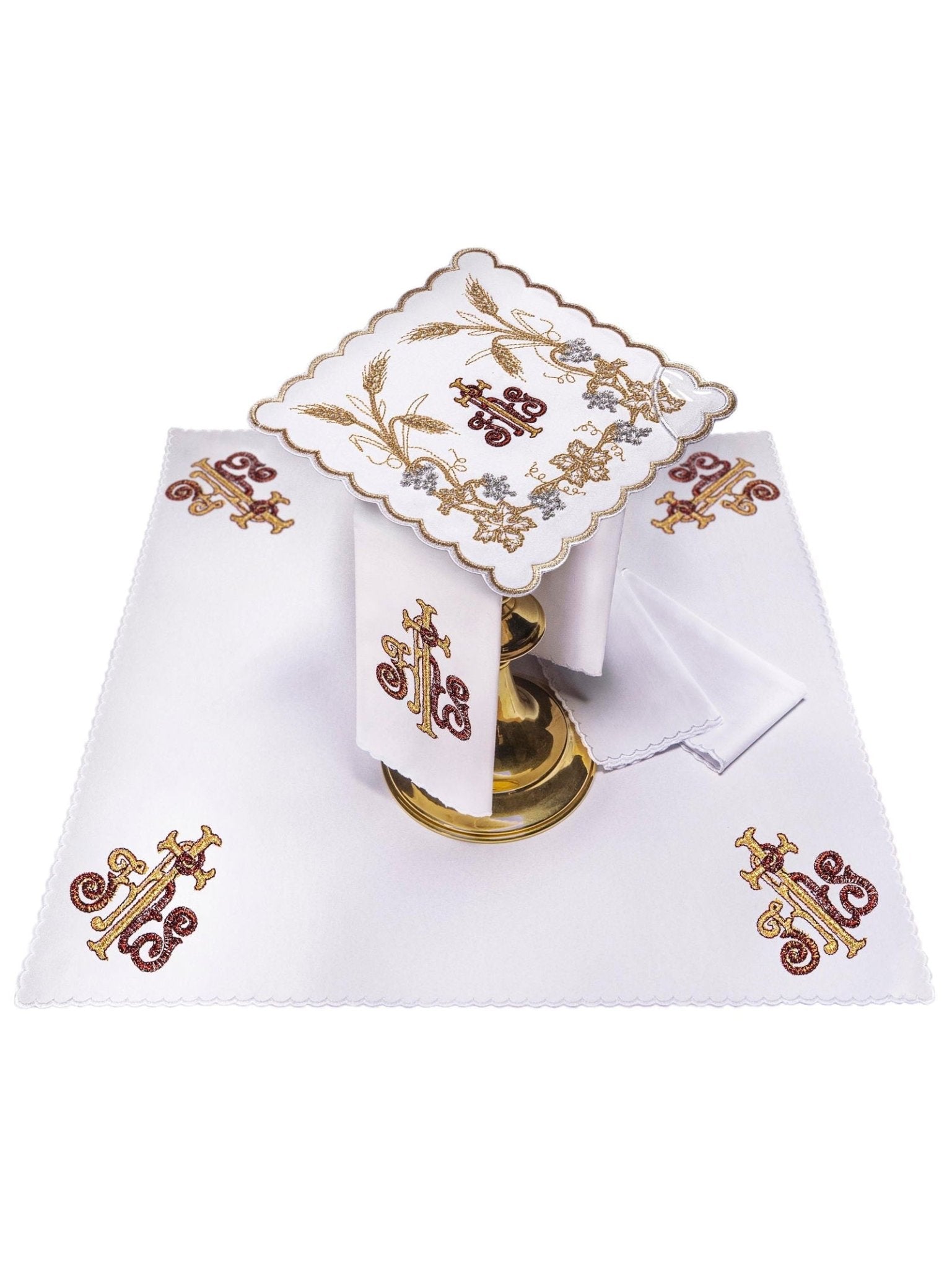 Servicio de altar ricamente decorado con bordado IHS y espigas KK/040 - CASULLAS.ES